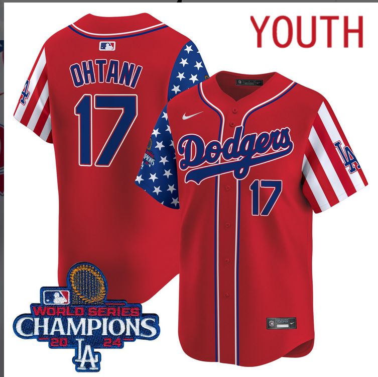 Youth MLB Los Angeles Dodgers 17 Ohtani American Style red 2024 World Series Champions Limited Jersey